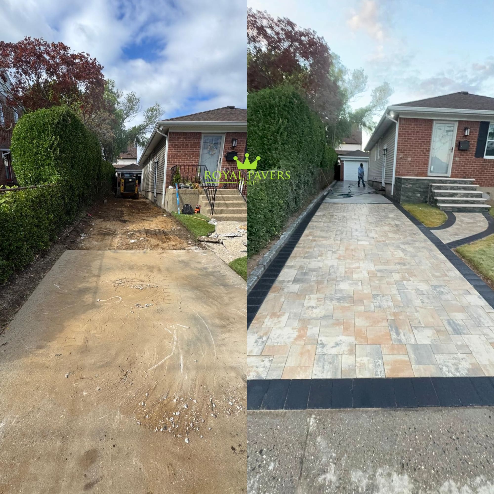 Before and after custom paver driveway and entrance renovation by Royal Pavers Corp, Long Island